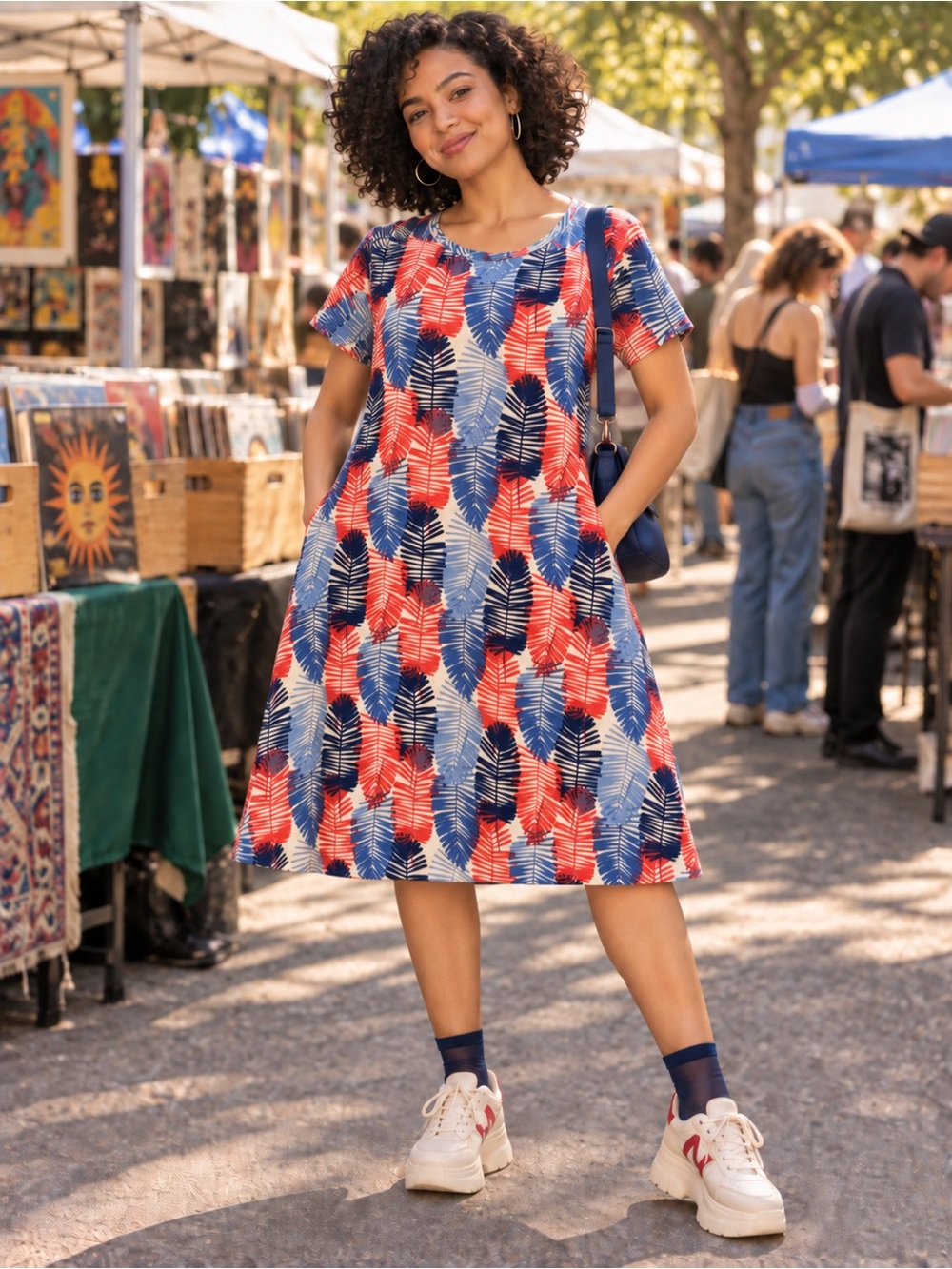 LuLaRoe Short-Sleeve A-Line Dress in Red, Blue & White Leaf Print